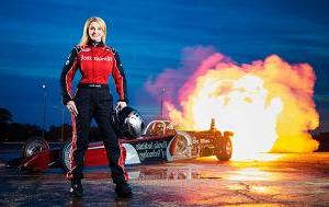 Elaine Larsen in front of jet car